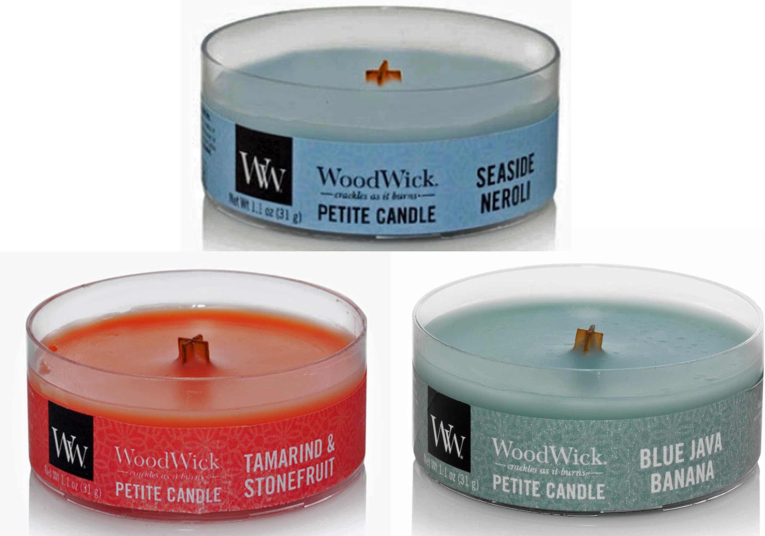 WoodWick Tropical Sunrise Petite Candle Bundle - 3 Items: Blue Java Banana, Seaside Neroli, and Tamarind & Stonefruit Petite 1.1 oz Candles