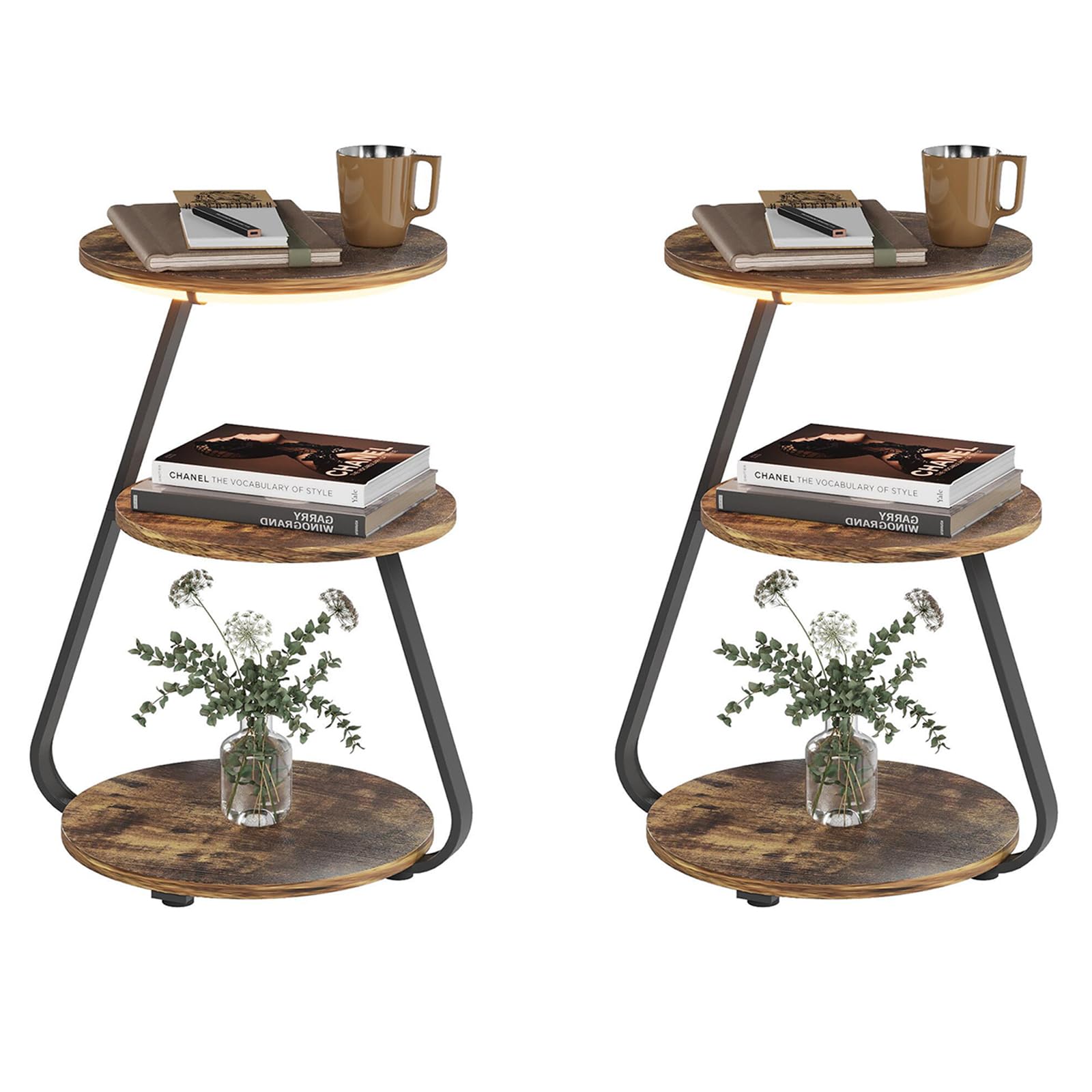 ARTETHYS Side Table Set of 2, Bedside Small Coffee Table with 3 Color LED Lights, End Table with 3 Tier Storage Shelves for Living Room Bedroom, Rustic Brown โ image 1