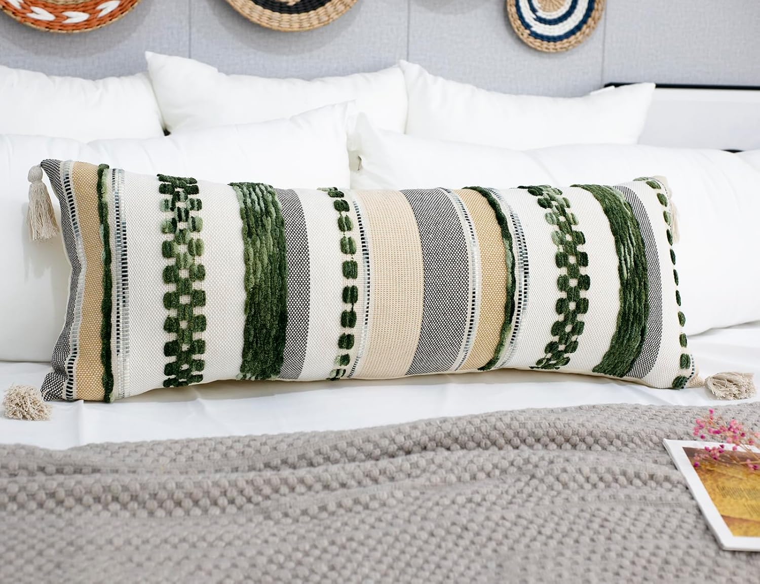 PANOD Boho Long Lumbar Throw Pillow Cover 14 x 36 Dark Green, Chenille Morocan Extra Long Pillow Case Cover, Decorative Long Pillow for Bed Couch Sofa Farmhouse Dark Green 36" x 14" (Pack of 1)