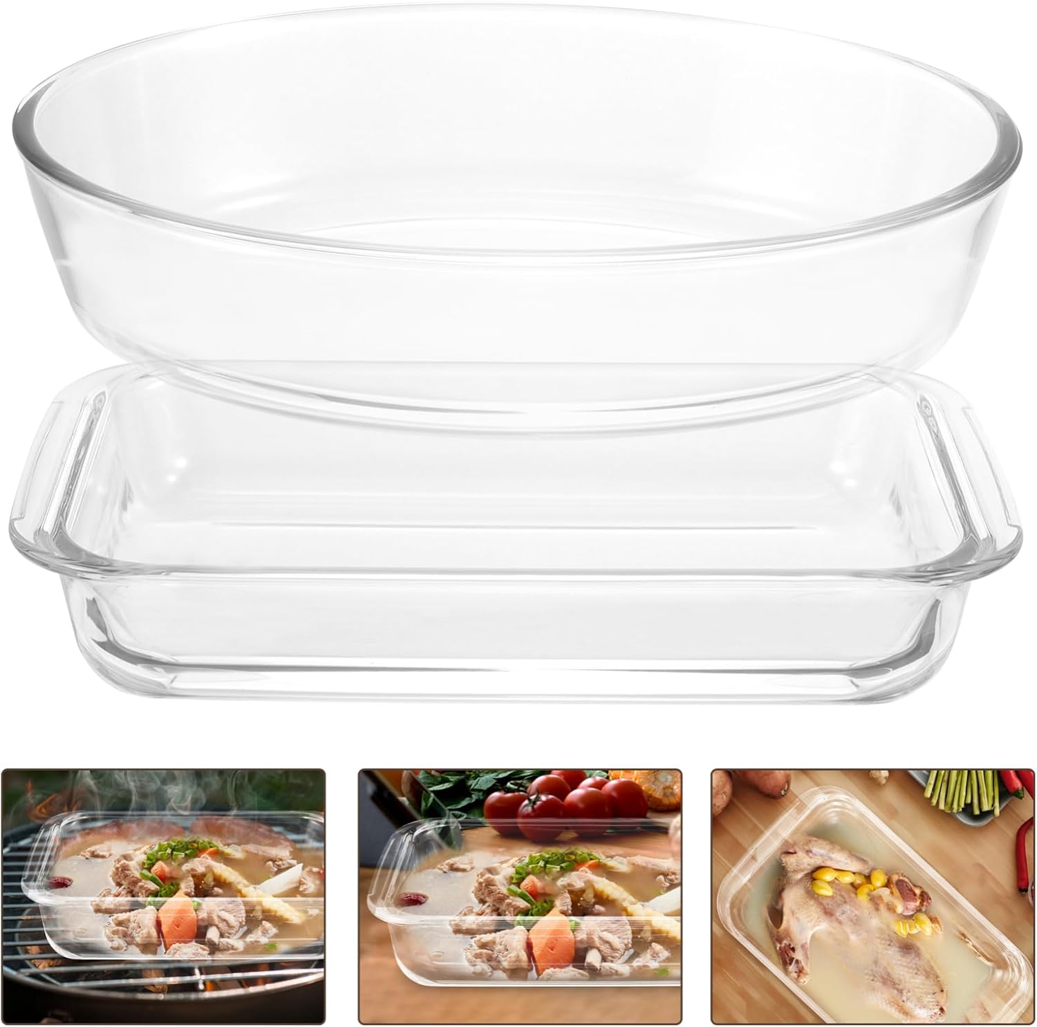 Unomor 2pcs Glass Bbq Grill Pan for Oven Casserole Dishes Baking Pans Roasting Heat Resistant Easy Clean Multi-purpose Bakeware