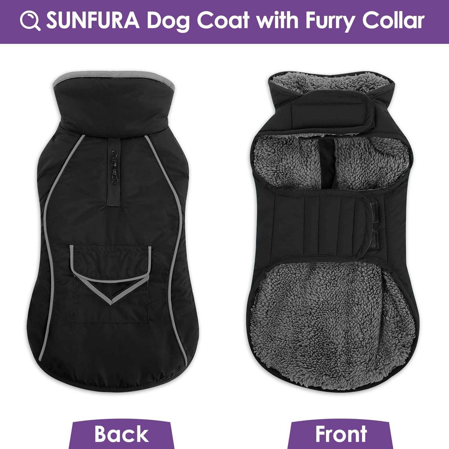 SUNFURA Large Dog Coat, Warm Dog Winter Coat Jacket with Thick Furry Collar, Adjustable Pet Fleece Jacket Turtleneck Snowsuit for Large Dogs for Chilly Day, Black XL