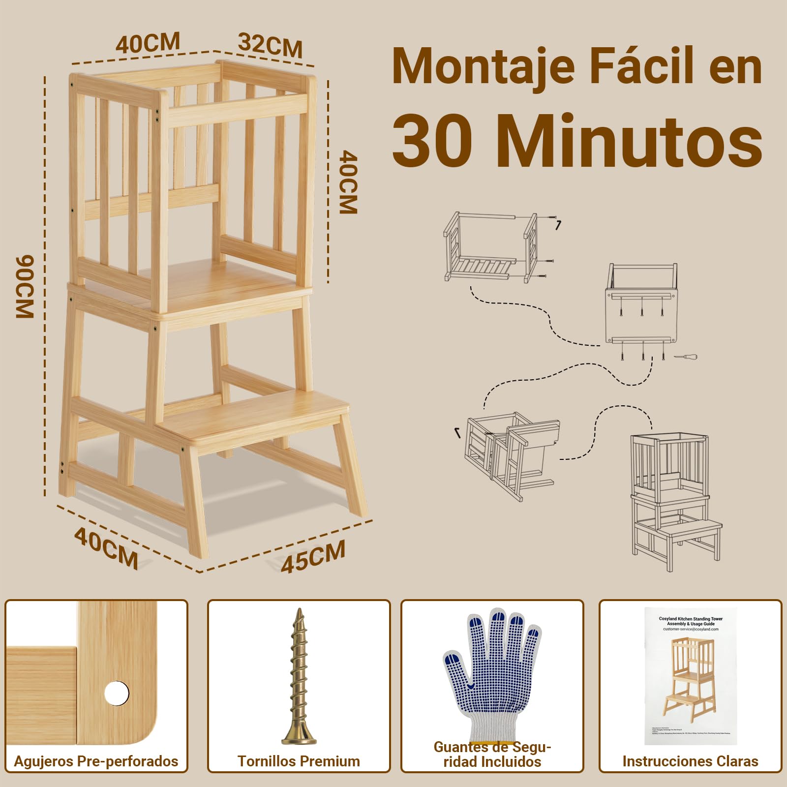COSYLAND Torre de Aprendizaje Montessori para Bebés y Niños, Torre de Aprendizaje Infantil Certificada por CPC, Estructura Antivuelco Más Estable (Bambú Claro)