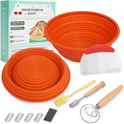 Cesta de silicona a prueba de pan, juego de 2 cestas redondas gruesas de 9 pulgadas para pan, hornear, hacer suministros, herramientas, color rojo