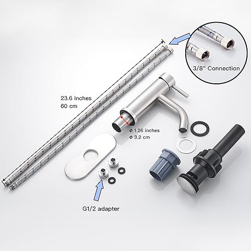 Miniatura 6 de Grifo de lavabo de baño de un solo agujero, níquel cepillado, moderno grifo de baño de una sola manija comercial de acero inoxidable con drenaje