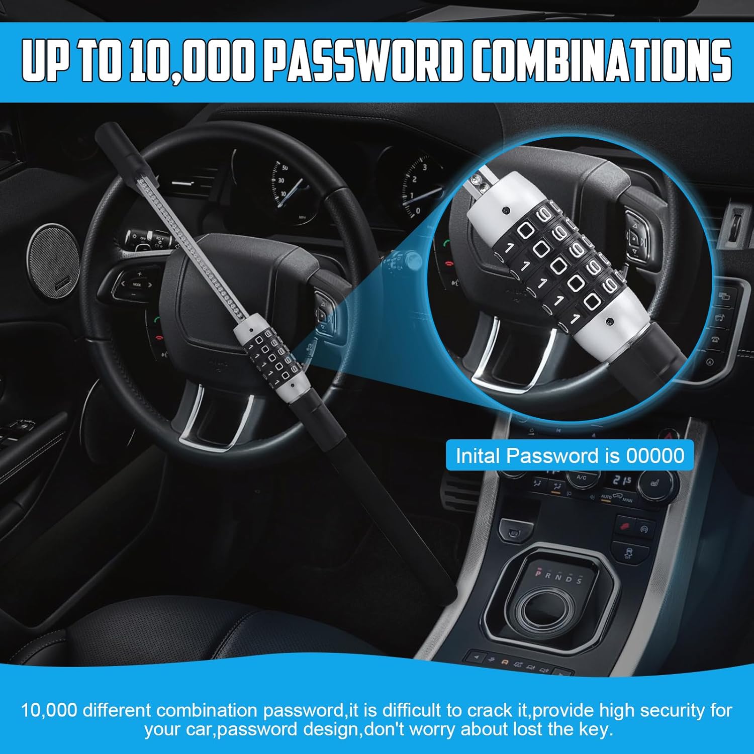 Steering Wheel Lock Anti-Theft Device, High Security 5-Digit Password Vehicle Lock, Heavy Duty Adjustable Steering Wheel Lock for Car Truck Van SUV, 2-Year Warranty