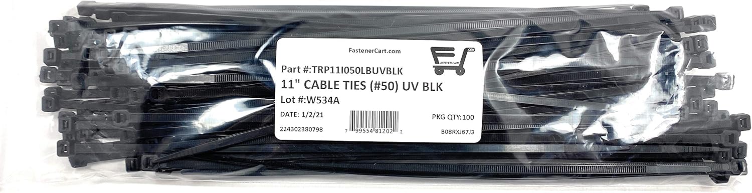 11" Cable Ties (.189 Width) High UV Resistant Zip Ties 50# Tensile Black (100 Pieces)