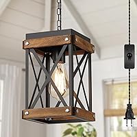 Vista 1 de Rustic Farmhouse Plug in Pendant Light Fixture with Adjustable Chain, Oak Wood and Metal Lantern Cage Mini Hanging Lamp for Kitchen Island Living