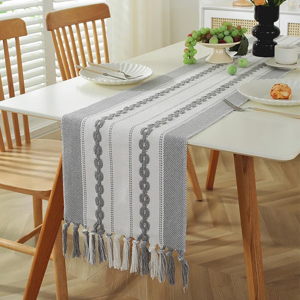 vctops Boho Table Runner with Tassels, Farmhouse Striped Embroidery Table Runners Cotton Linen Table Decor Furniture Protector for Dresser Dining Kitchen Coffee Table (Grey,13"x71")