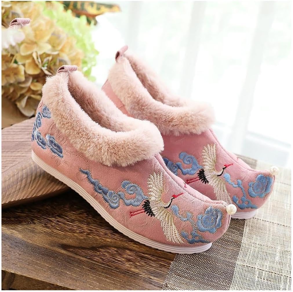 esmen Chinese Style Shoes, Winter Crane Embroidery Flat Shoes,Chinese-Style Embroidered Warm Shoes,Cloth Shoes for Women's Pink, 34
