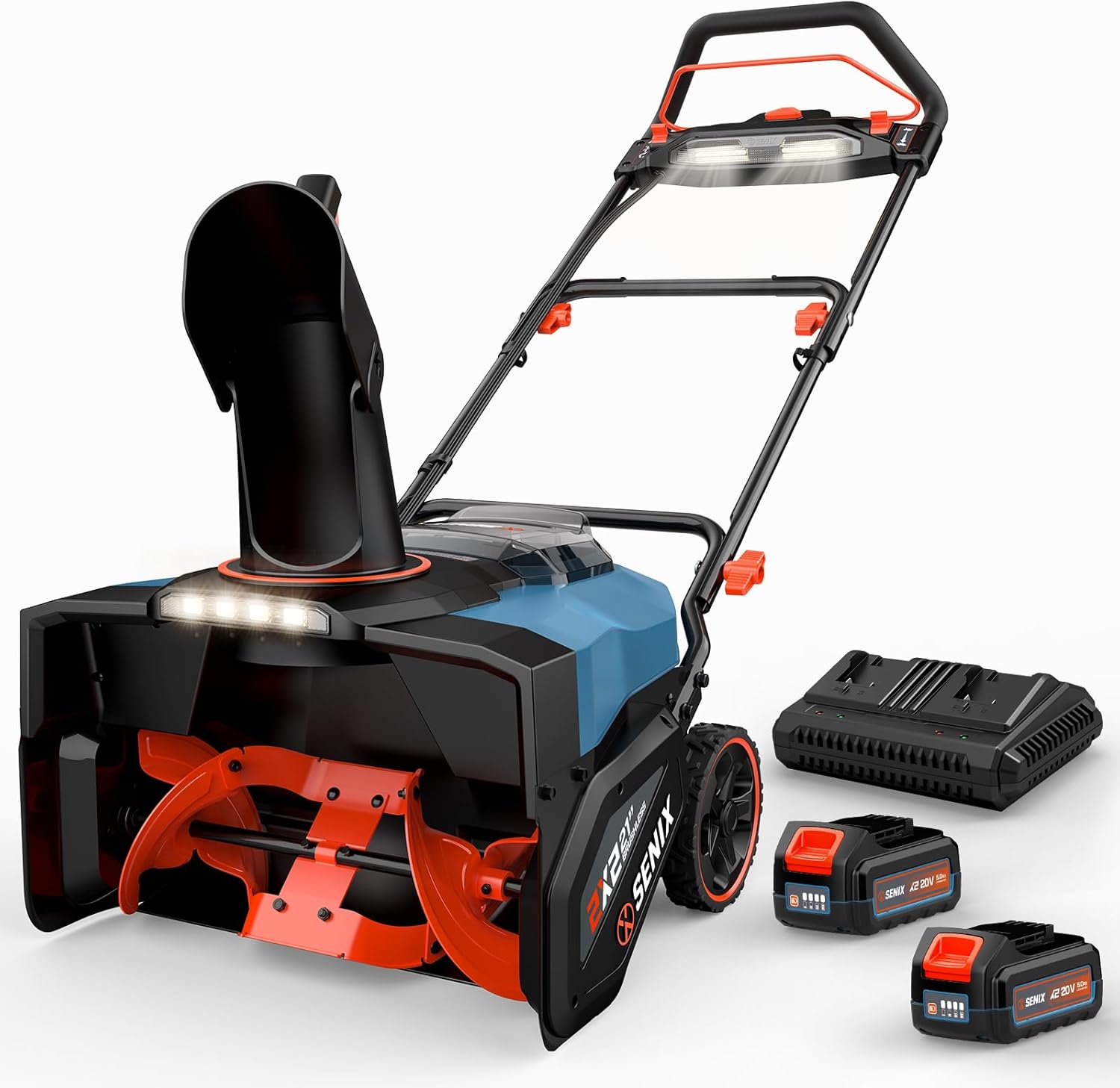SENIX 2X2 40V Max Cordless Snow Blower with batteries and charger.