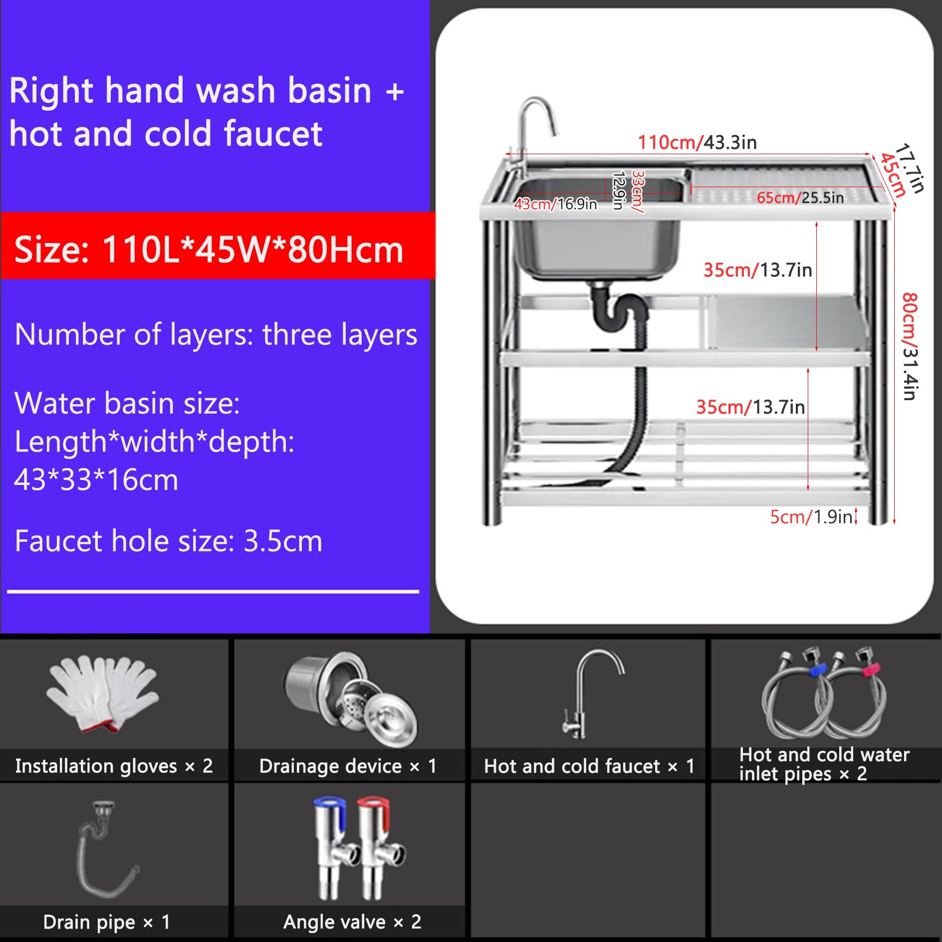 Profesjonalny przenośny zlew zewnętrzny komercyjny użytkowy umywalka z kranem 1 miska zlew kuchenny do restauracji kawiarni baru 110 x 45 x 80 cm trwały i funkcjonalny