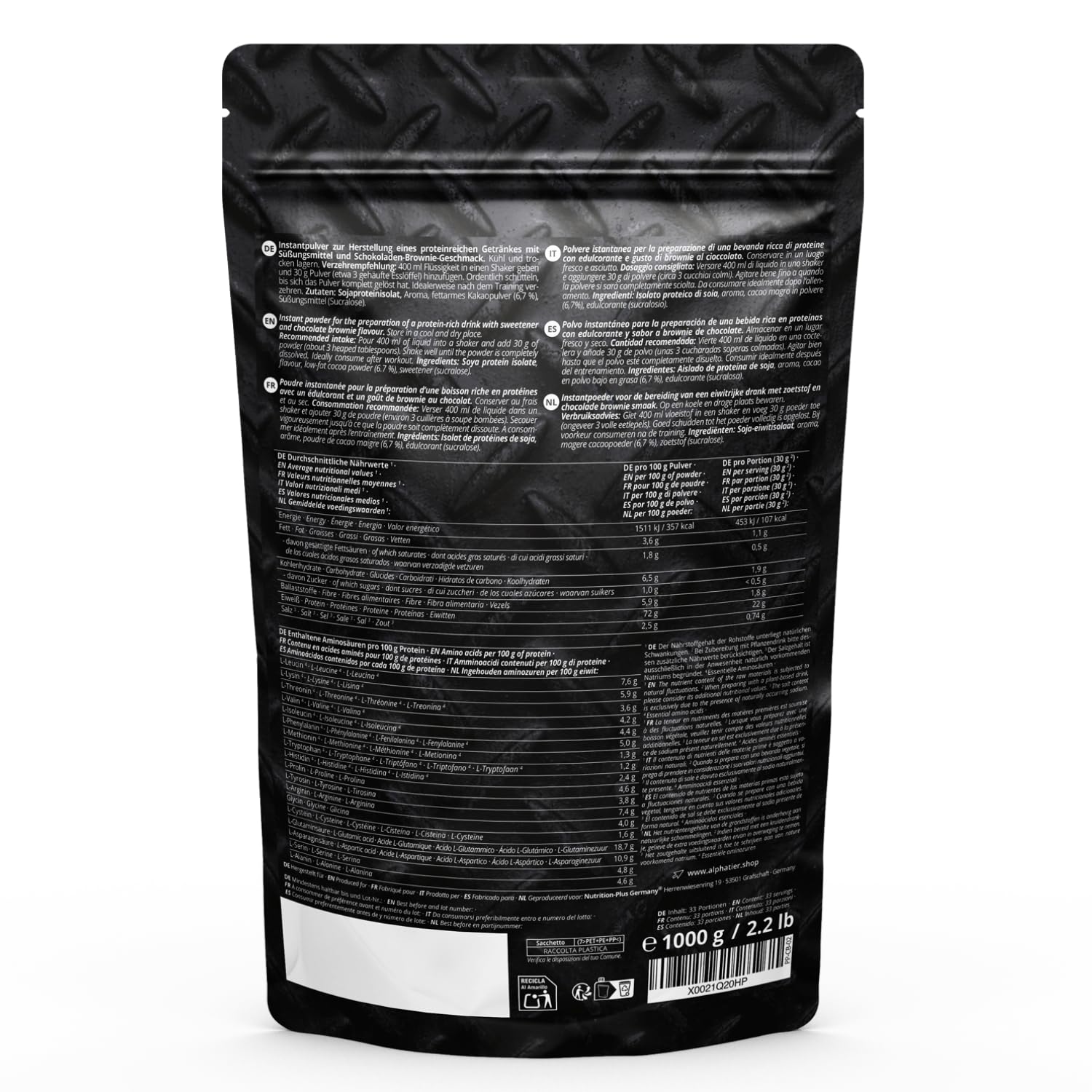 Alphatier Polvere proteica con Amminoacidi Chocolate Brownie 1 kg - Protein Powder - 78% di Contenuto proteico - Miscela di Proteine al Cioccolato + EAA - Brownie al Cioccolato