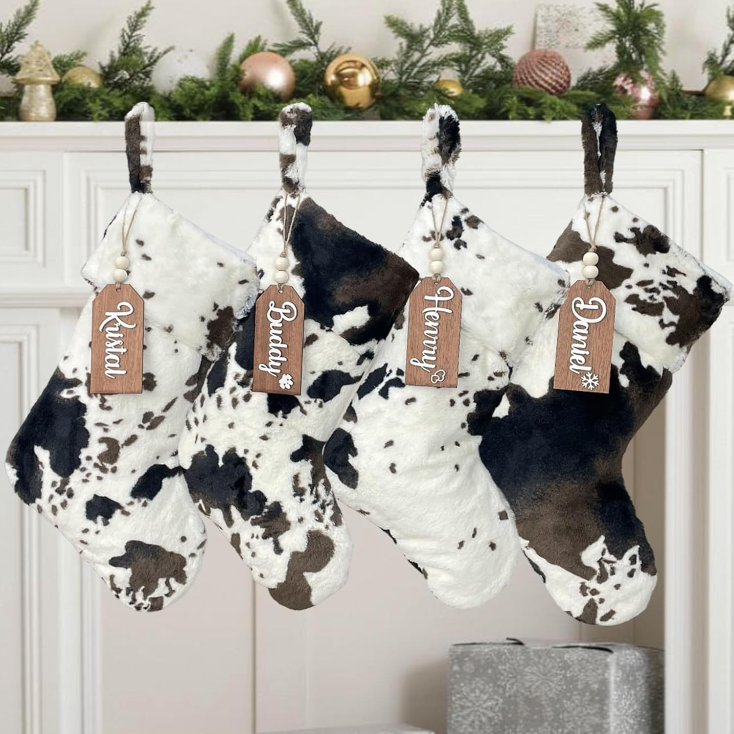 ELEGANTPARK Personalized Christmas Stockings with Initial Name Tags 4 Pack Cowhide Christmas Stocking Letter Tags Personalized Faux Fur Xmas Decorations for Fireplace Hanging Family Kids