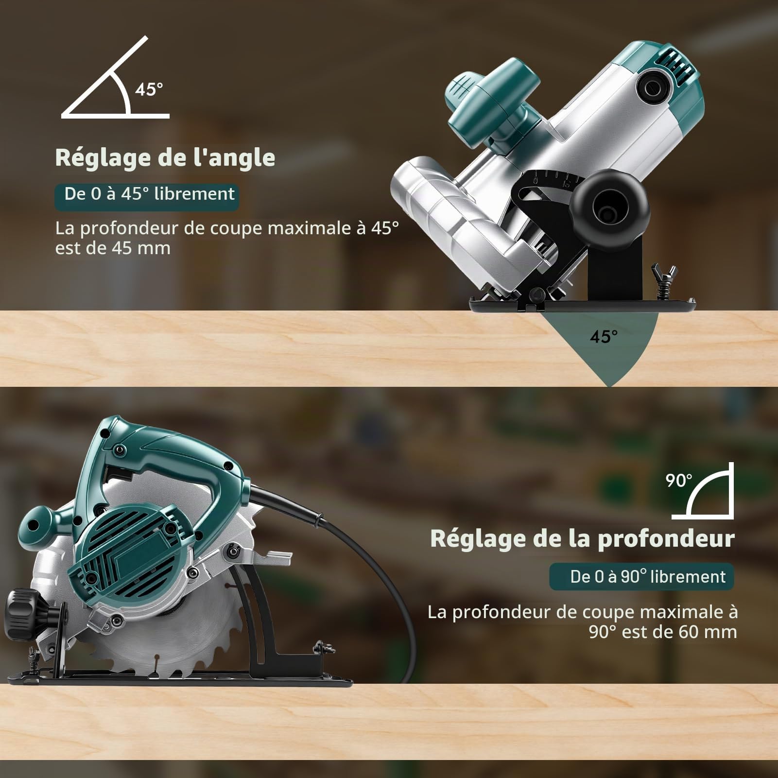 Scie Circulaire 1200W avec Rail de Guidage, Scie Circulaire Électrique Filaire 5200RPM, Profondeur de Coupe Max : 60mm (90°) et 45mm (45°), 3 Lames de Scie Ø : 185mm (24T + 40T + 60T) pour Bois, PVC