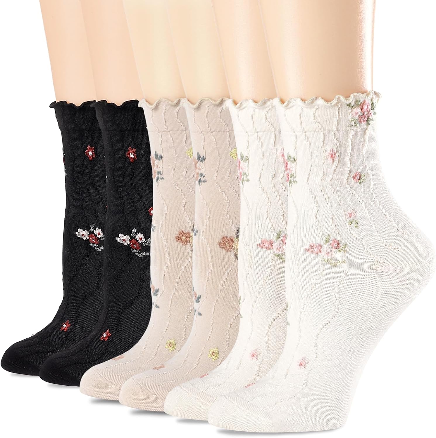 bropapa Womens Ruffle Crew Socks Vintage Patterned Ankle Casual Fashion Dress Sock Cute Lettuce Floral Socks 5/6 Pack