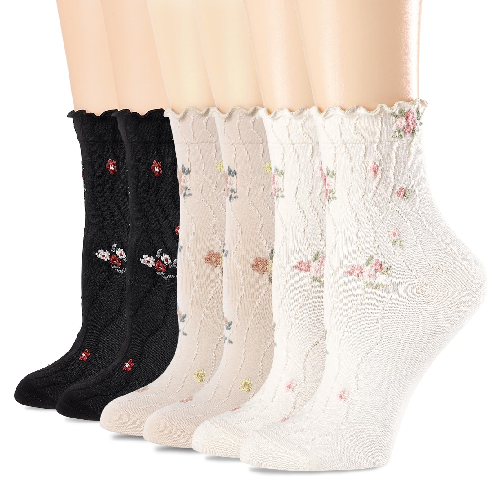 bropapa Womens Ruffle Crew Socks Vintage Patterned Ankle Casual Fashion Dress Sock Cute Lettuce Floral Socks 6 Pack