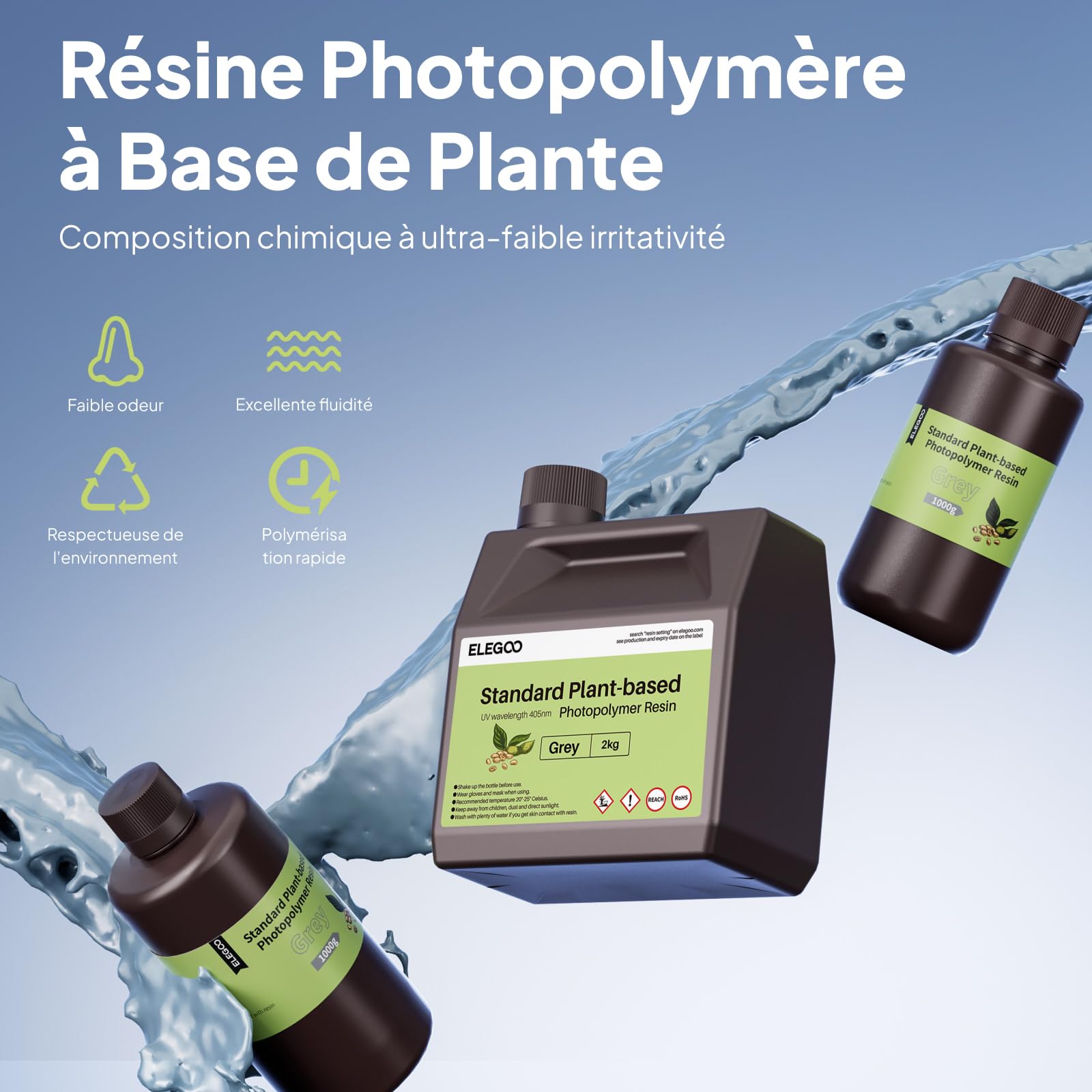 ELEGOO Résine Standard à Base de Plante pour Imprimante 3D avec Odeur Ultra-faible et Haute Précision, Résine à Photopolymérisation UV 405 nm Résine Photopolymère pour Imprimante 3D Gris 2000g