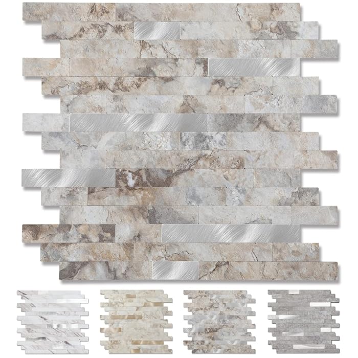 Peel And Stick Stone Metal Backsplash Tiles | 10 Sheets, 12"x12", Beige Stone | DIY Kitchen, Bathroom, Fireplace No Grout Needed