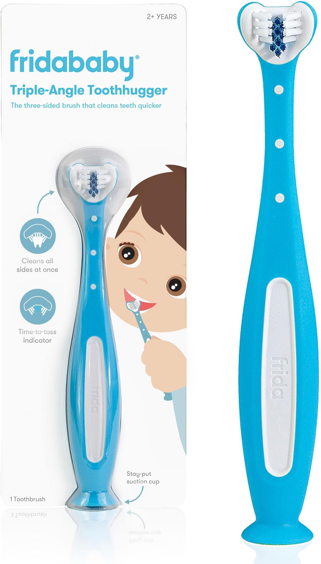 Frida Baby Triple-Angle Toothhugger Training Toddler Toothbrush | Toddler Toothbrush 2 Years and Up, Cleans All Sides at Once | Blue