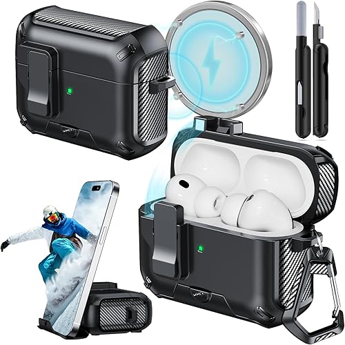Miniatura 35 de Funda para AirPods 4 (2024) con soporte para teléfono, con interruptor automático a presión, diseño de fibra de carbono, cubierta de protección para
