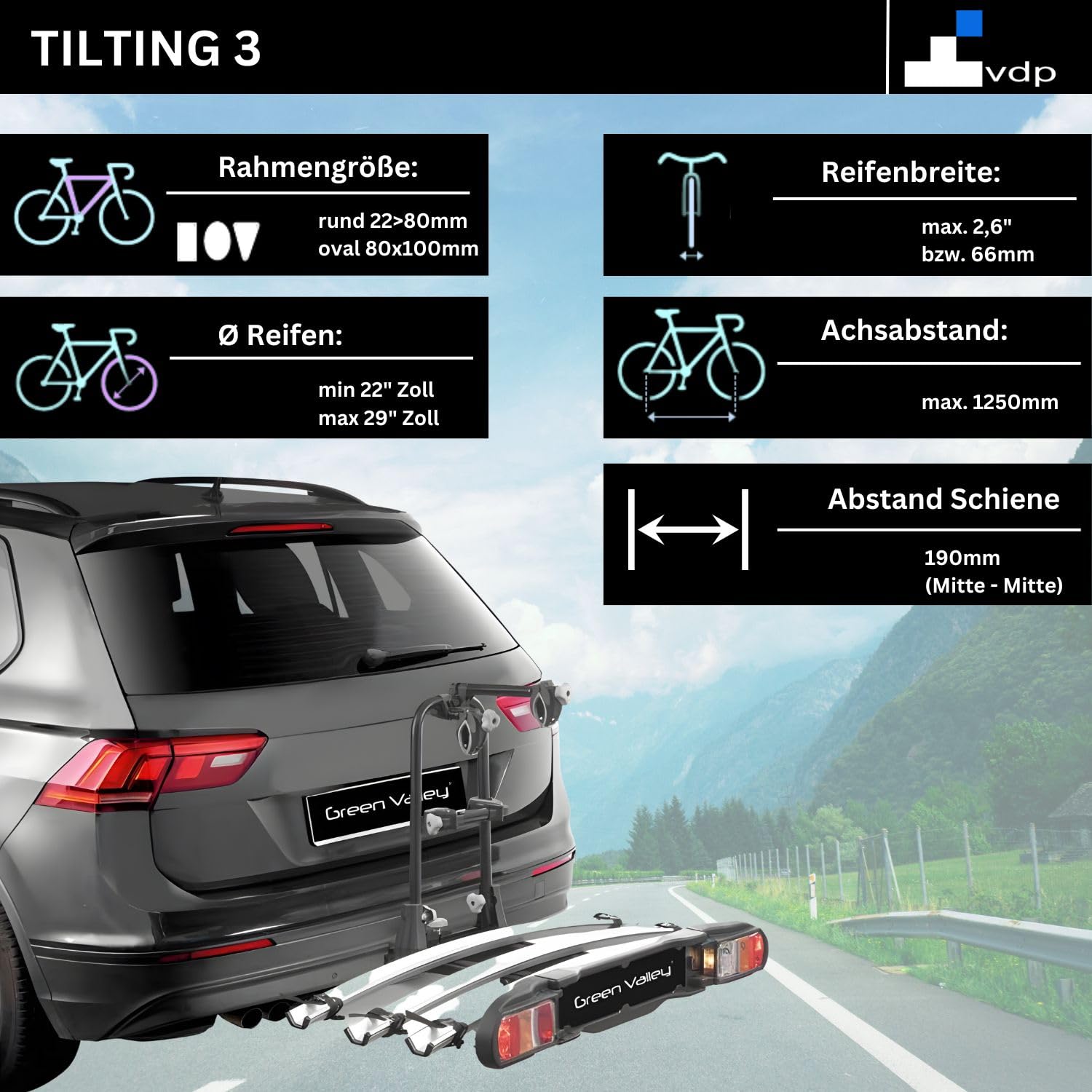 VDP eBike Portabici per rimorchio bicicletta, portabiciclette posteriore – Tilting 3 – Portabici e-Bike per 3 biciclette – Carico 60 kg – Pieghevole sul veicolo – TÜV
