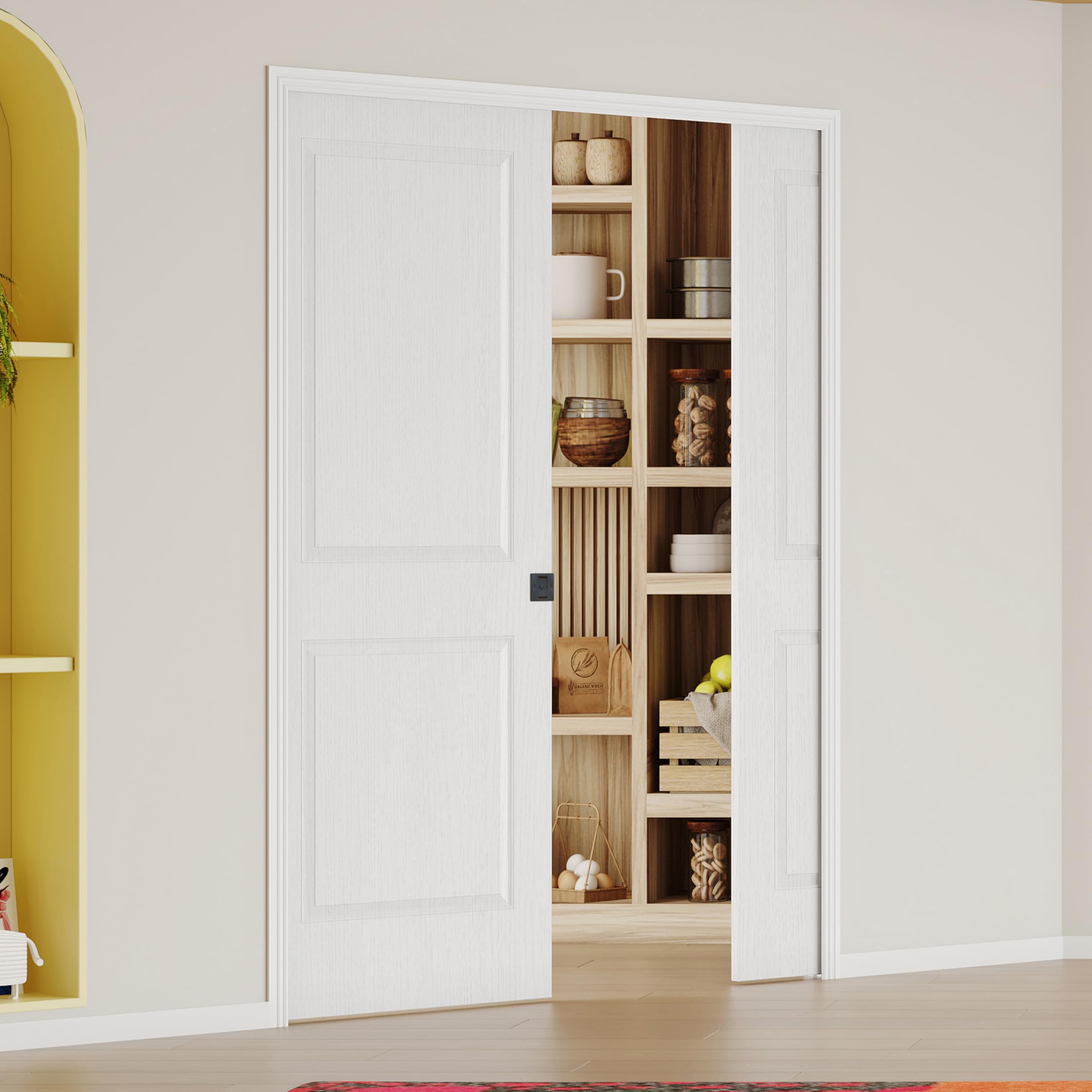 48" x 80" Sliding Pocket Interior Door, 2-Panel Hollow Core Pantry Door with Frame and Hardware Kit, Lightweight Closet Door, Waterproof PVC Surface, Easy to Install