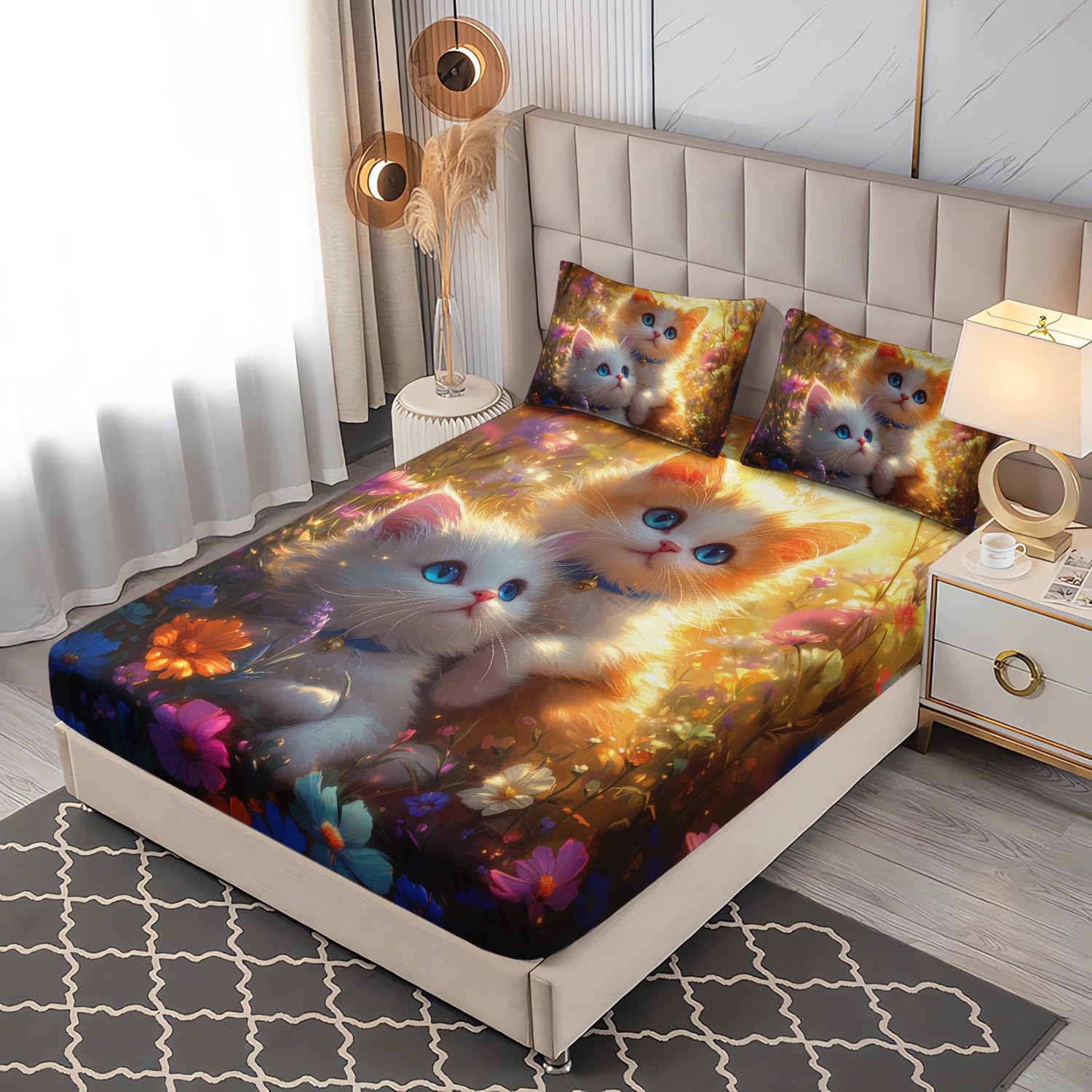 Cute Cat Toddler Bedding Set Full Size,Colorful Floral Bedding Sets for Kids Girls Bedroom Decor Aesthetic,Kawaii Animal Themed Fitted Sheet Sets,1 Fitted Sheet+2 Pillowcases.