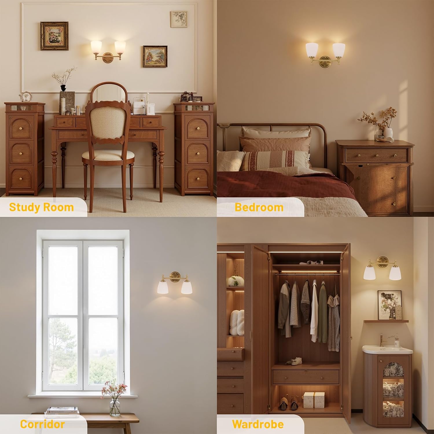 Bathroom Light Fixtures, 2-Light Brass Vanity Light with Milk Glass Shade Vintage Above Mirror Lamp Wall-Mounted Wall Sconce for Bedroom, Living Room, Hallway, Stairway, Sink (Bulb not Included)