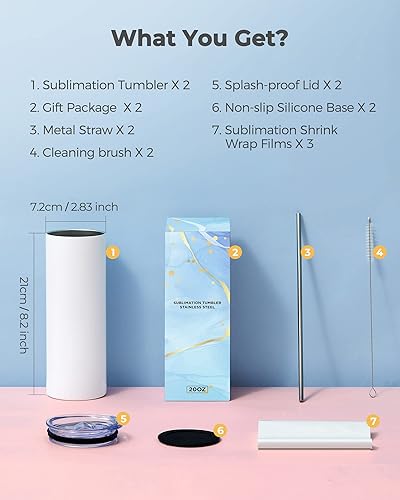 Miniatura 2 de Hiipoo Vasos de sublimación a granel de 20 onzas de acero inoxidable, con aislamiento de doble pared, rectos, color blanco con 4 tapas, 4 popotes y