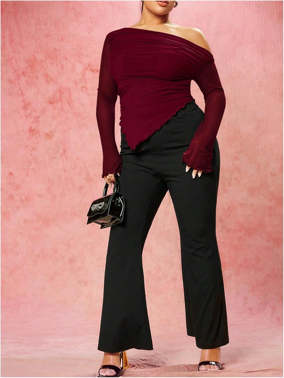 WDIRARA Women's Plus Size Off Shoulder Mesh Ruched Asymmetrical Long Sleeve Tops T Shirt - Image 6