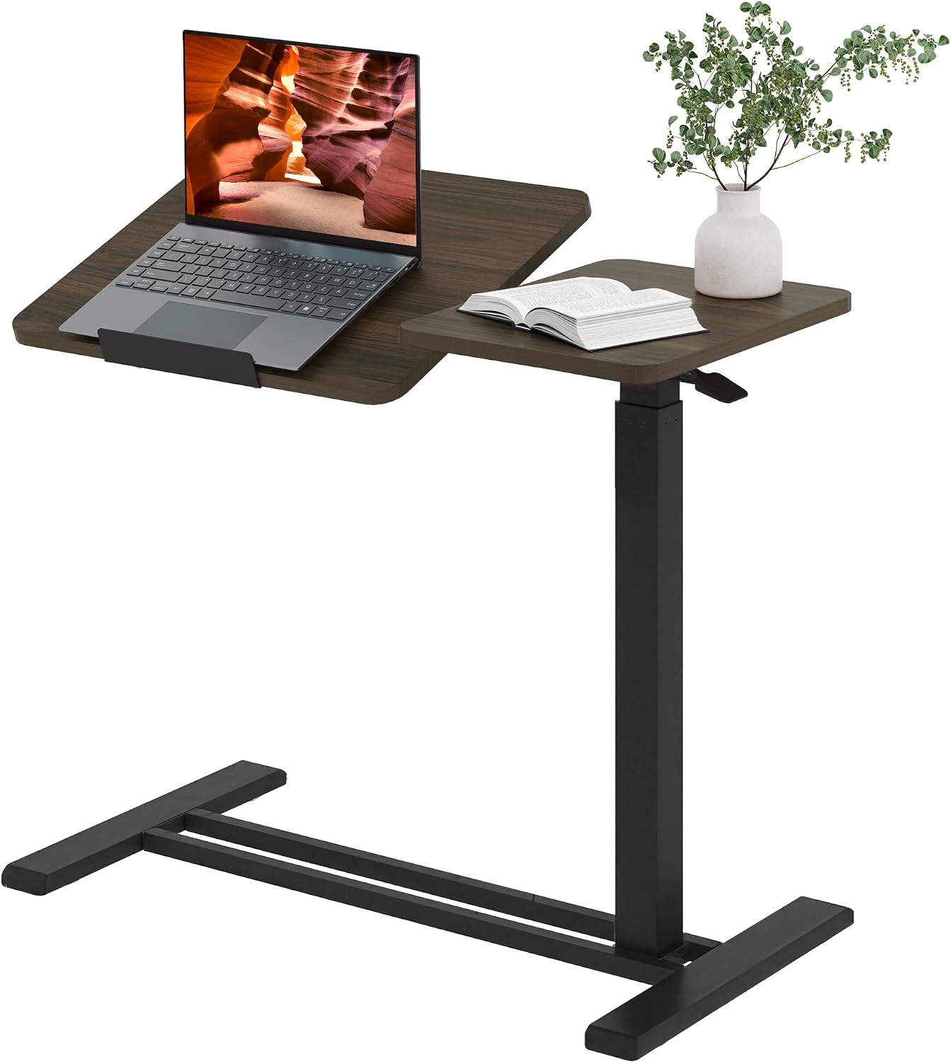 Adjustable Overbed Bedside Table with Wheels, Pneumatic Tilting Desktop Mobile Standing Desk, Rolling Laptop Desk for Bed, Sofa, or Hospital Use, (27.6" W x 15.7" D, Mahogany)