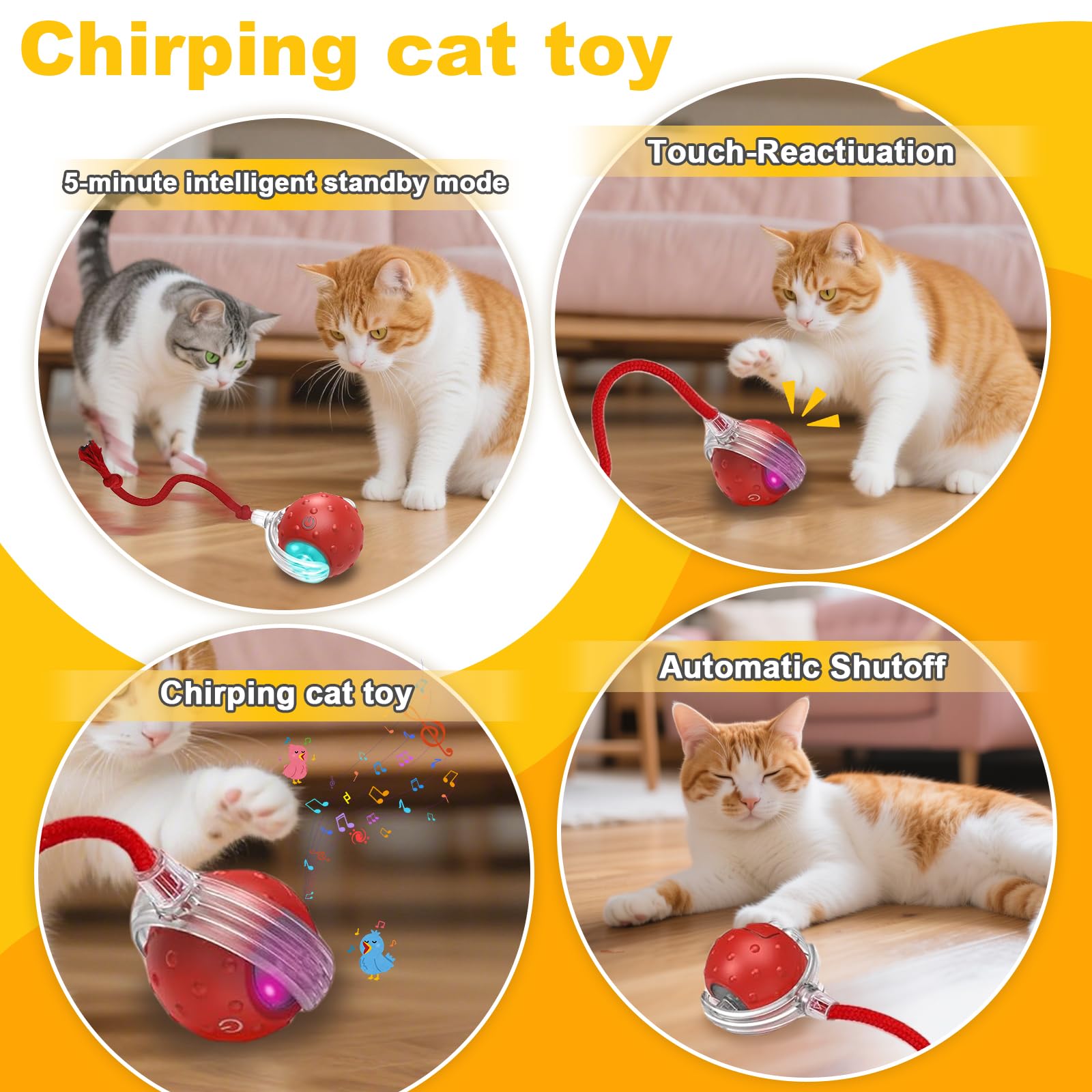 Balle interactive pour chat et chien d'intérieur, jouet automatique pour chat avec évitement intelligent des obstacles, rejets d'oiseaux et réveil automatique, comprend 4 ressorts en spirale