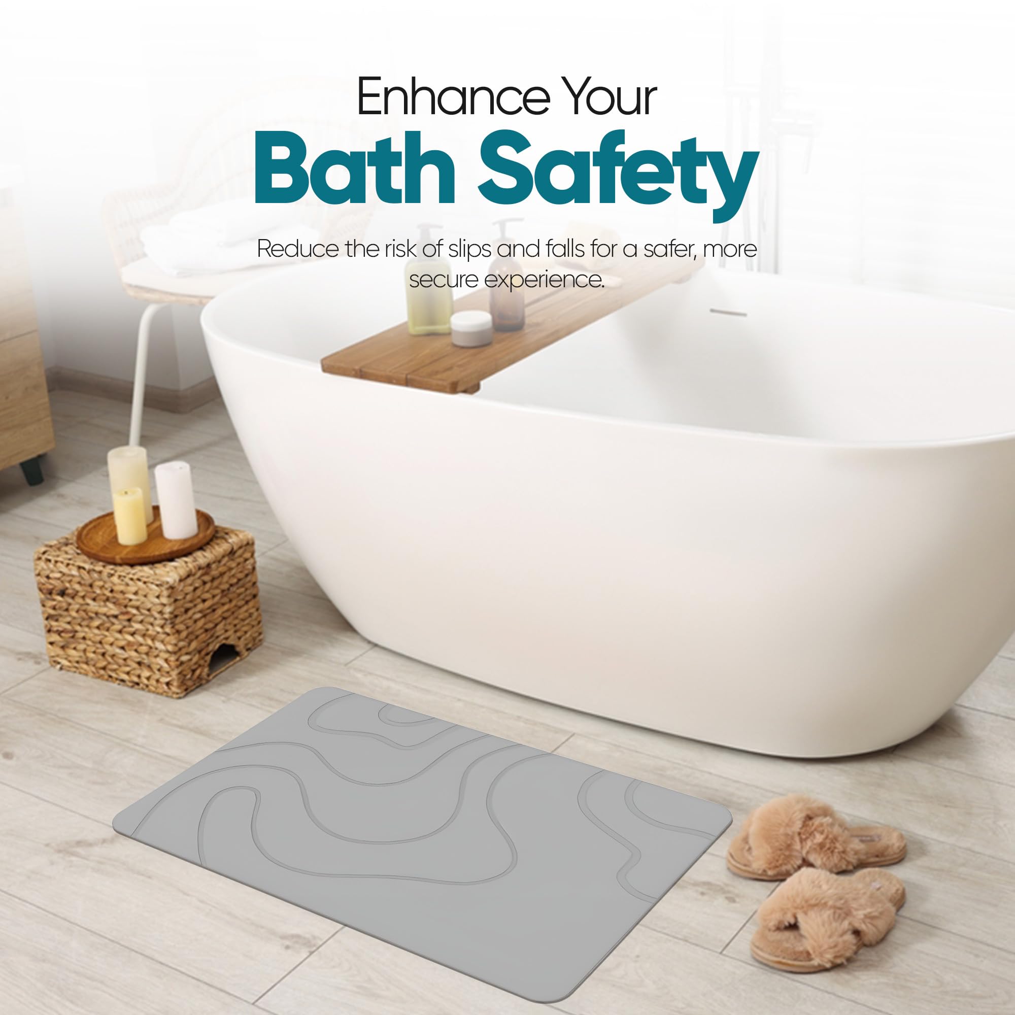 HALAS Alfombrilla de baño de piedra de tierra de diatomeas, antideslizante, superabsorbente, de piedra de diatomita, para suelo de baño/cocina, secado rápido, natural, fácil de limpiar (61 x 40 cm