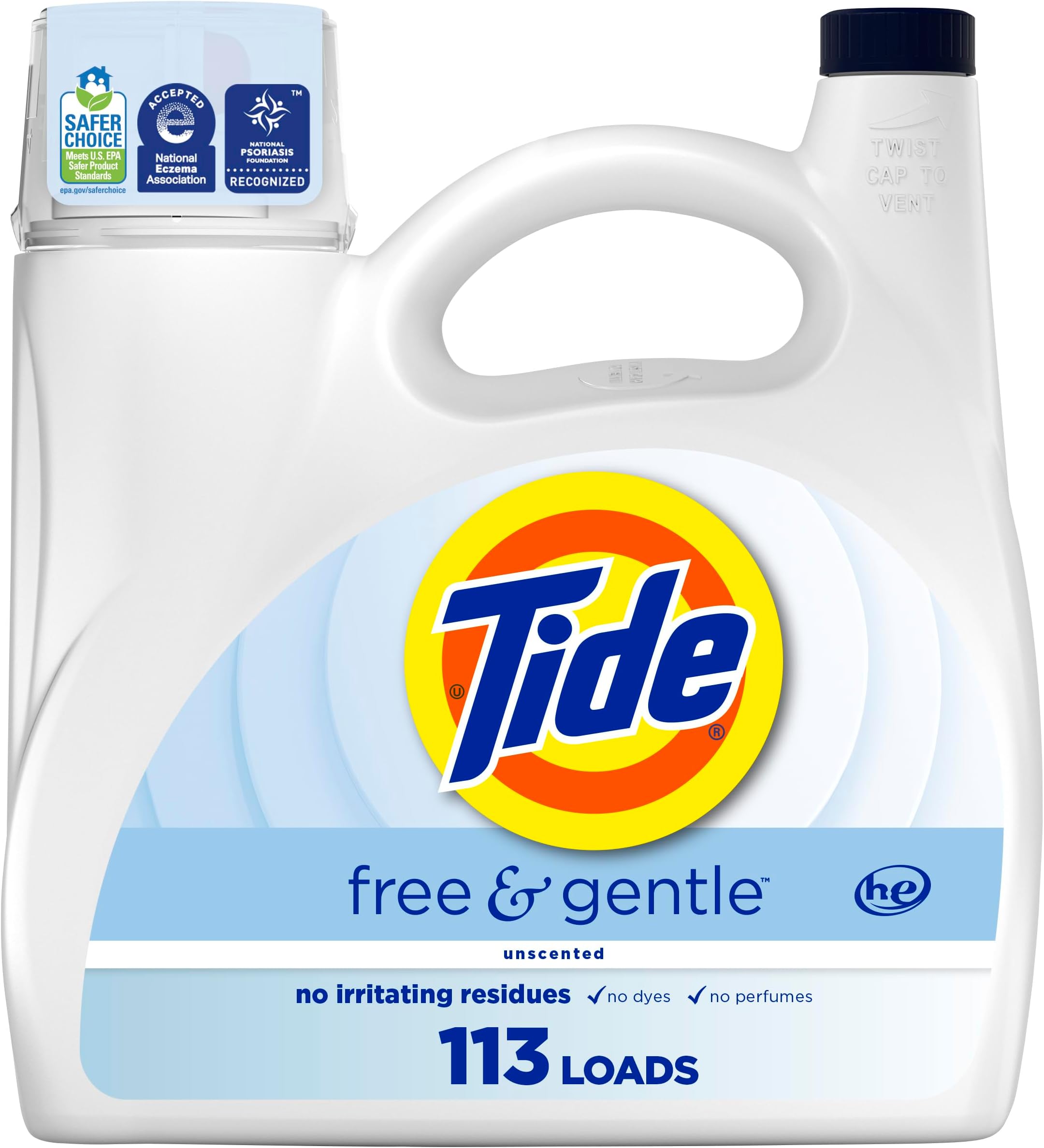 Free & Gentle Liquid Laundry Detergent, 113 Loads, 149 fl oz, Tide Laundry Detergent, Clean Laundry Detergent, Free of Dyes and Perfumes, Hypoallergenic Formula Gentle On Sensitive Skin