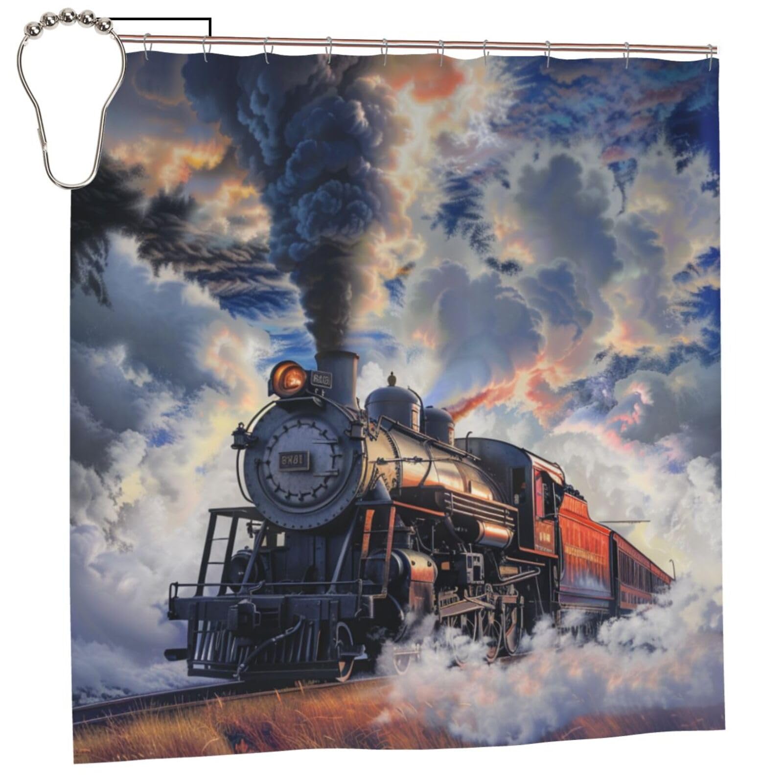 BWWHCCTI Steam Train Clouds Printed Shower Curtain With 12 Iron Hooks Opaque Quick Drying Waterproof Shower Curtains Sets For Bathroom 183x183 CM