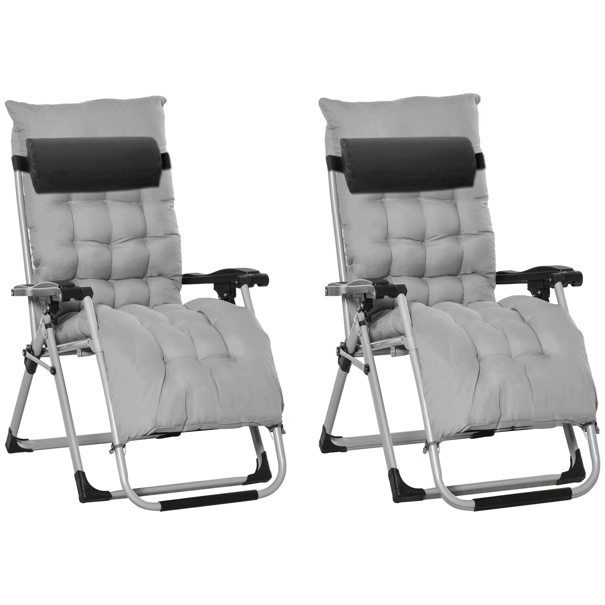 Outsunny 2 Piece Reclining Zero Gravity Chair Metal Frame Folding Garden Sun Lounger with Cushion Headrest, Light Grey