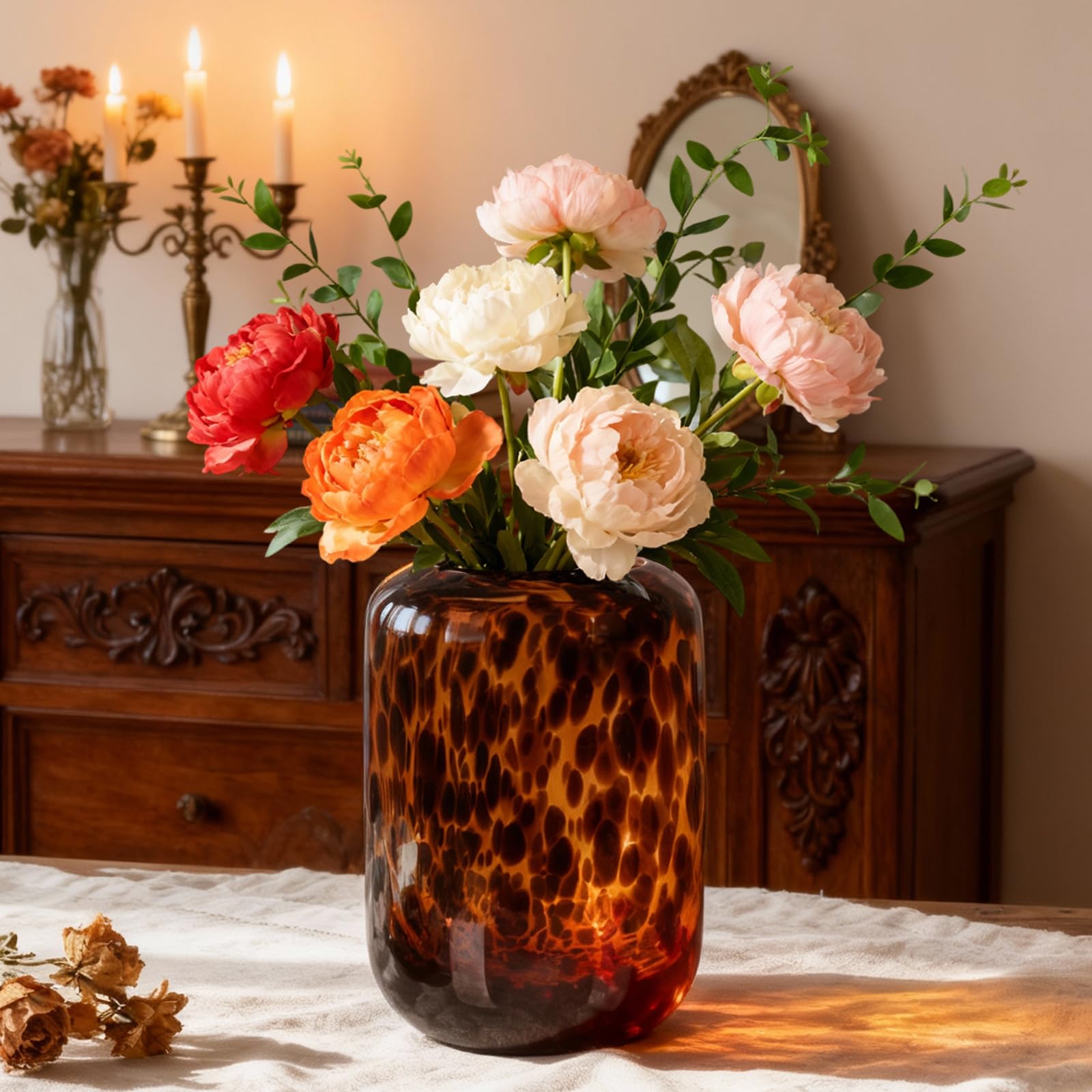 Amber Brown Glass Vase – Round Art Glass Vase with Tortoise Shell Pattern, Hand Blown Wide Mouth Decorative Centerpiece for Living Room, Dining Table or Entryway Home Decor