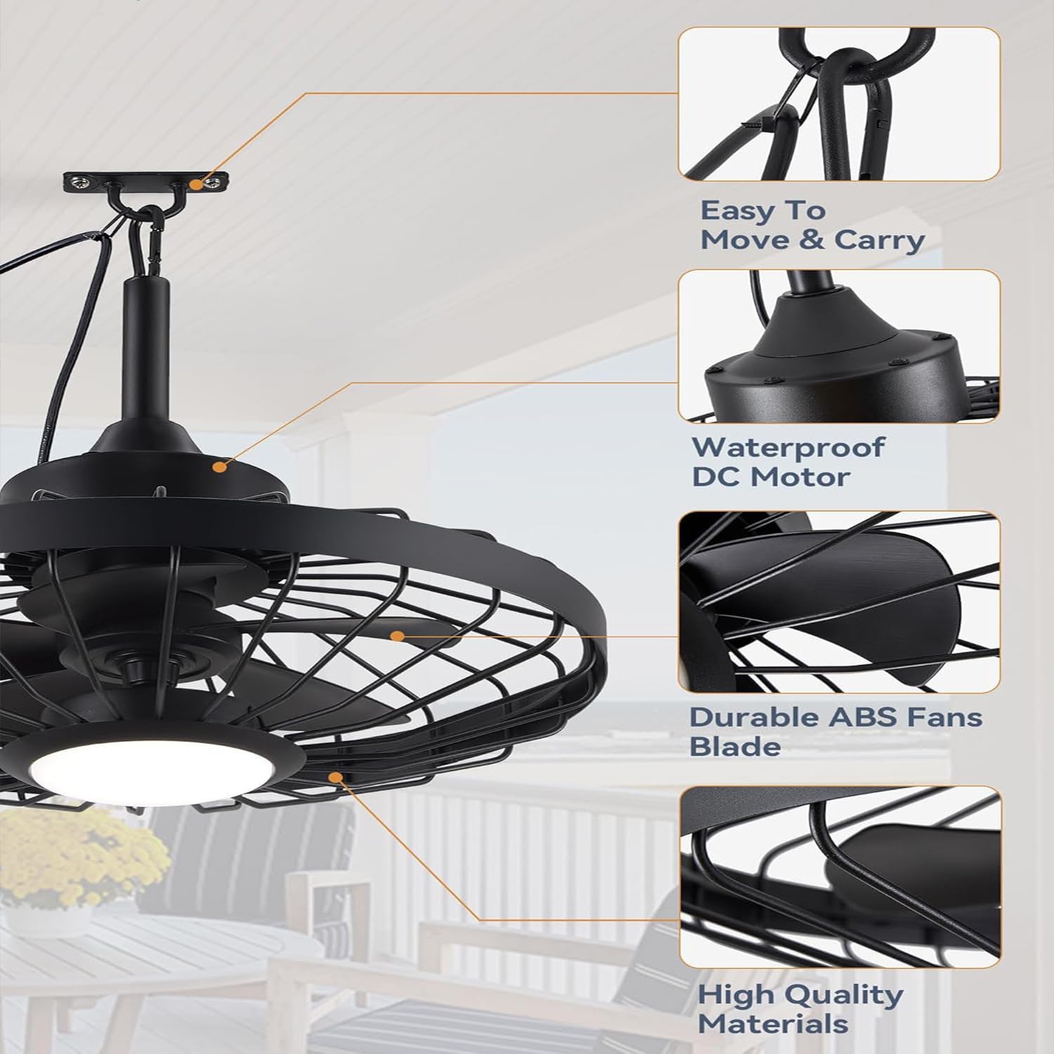 Deckenventilator für Außen mit Licht und Fernbedienung IP65 Wasserdicht LED Lampe mit Ventilator für Garten Terrasse Dimmbar Leise Deckenlampe Retro Deckenventilator mit Beleuchtung für Outdoor Innen