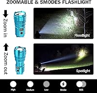 Vista 2 de Linternas recargables de alto lúmenes, luz LED súper brillante de luz de luz larga, linternas con zoom con pantalla digital LCD, 5 modos