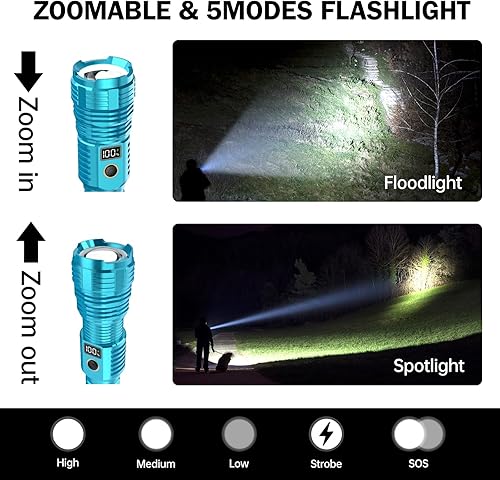 Vista 24 de Linternas recargables de alto lúmenes, 10000 lm LED súper brillante, linternas con zoom con pantalla digital LCD, 5 modos, impermeable, potente Negro