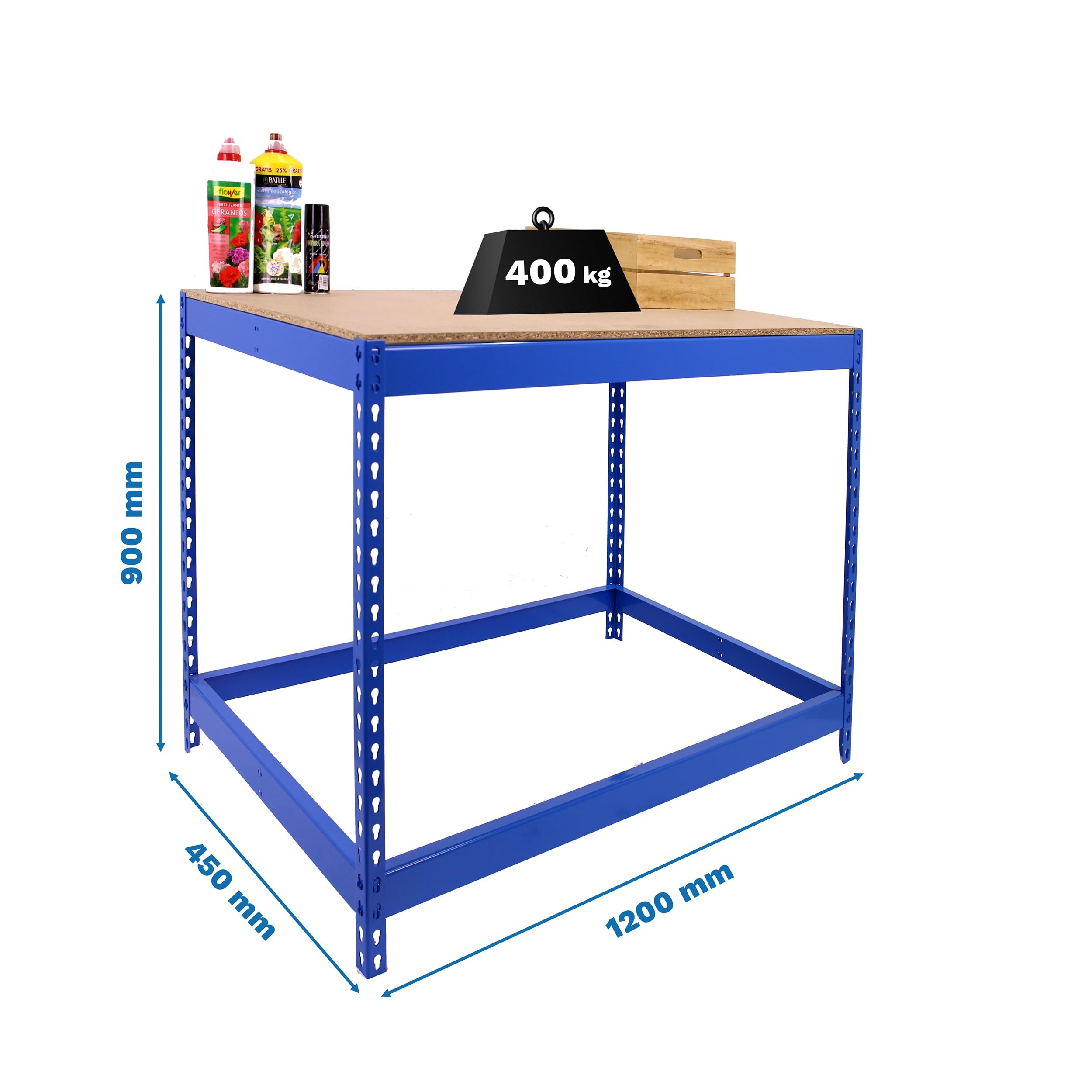 SimonRack Stół warsztatowy Warsztat, Stół roboczy Warsztat, Maksymalne obciążenie 400 kg, 900x1200x450 mm, DIY, Niebieski/Drewno - BT-Basic