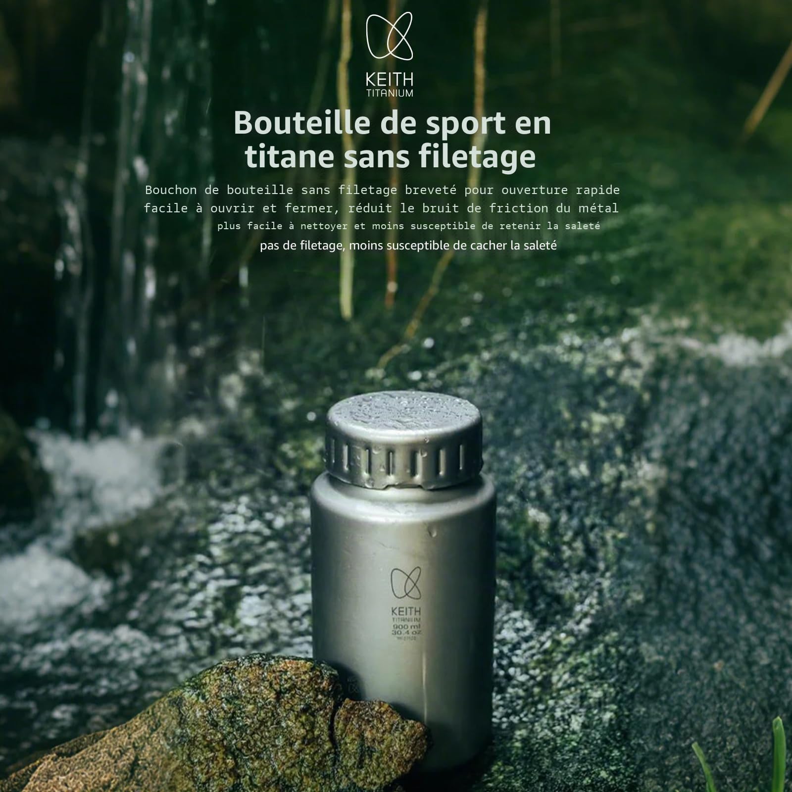 Keith Bouteille d'eau légère en titane - Large ouverture - Bouteille d'eau de camping - Gobelet de randonnée - Escalade - Cyclisme - Avec sac de rangement (900 ml Ti3035)