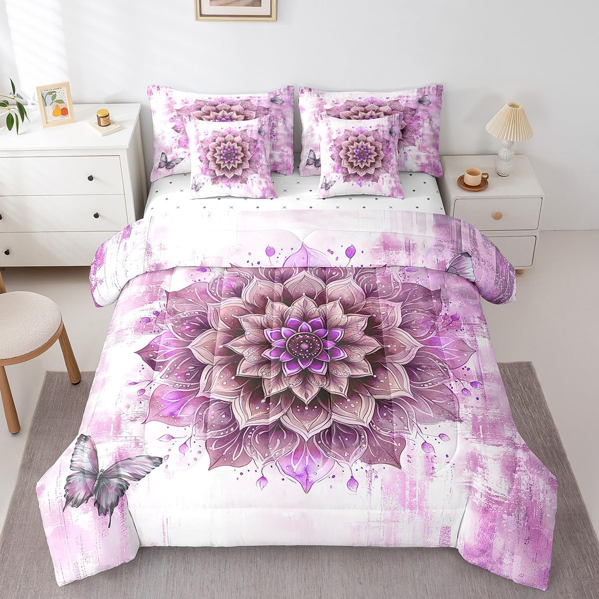 Erosebridal 7-Piece Girls Flower Bedding Queen Size Rose Floral Comforter Set for Women, Blue Gradient Bedding Comforter Sets Vintage Ombre Bed in a Bag, Oil Painting Aesthetic Bedding Room Decorative
