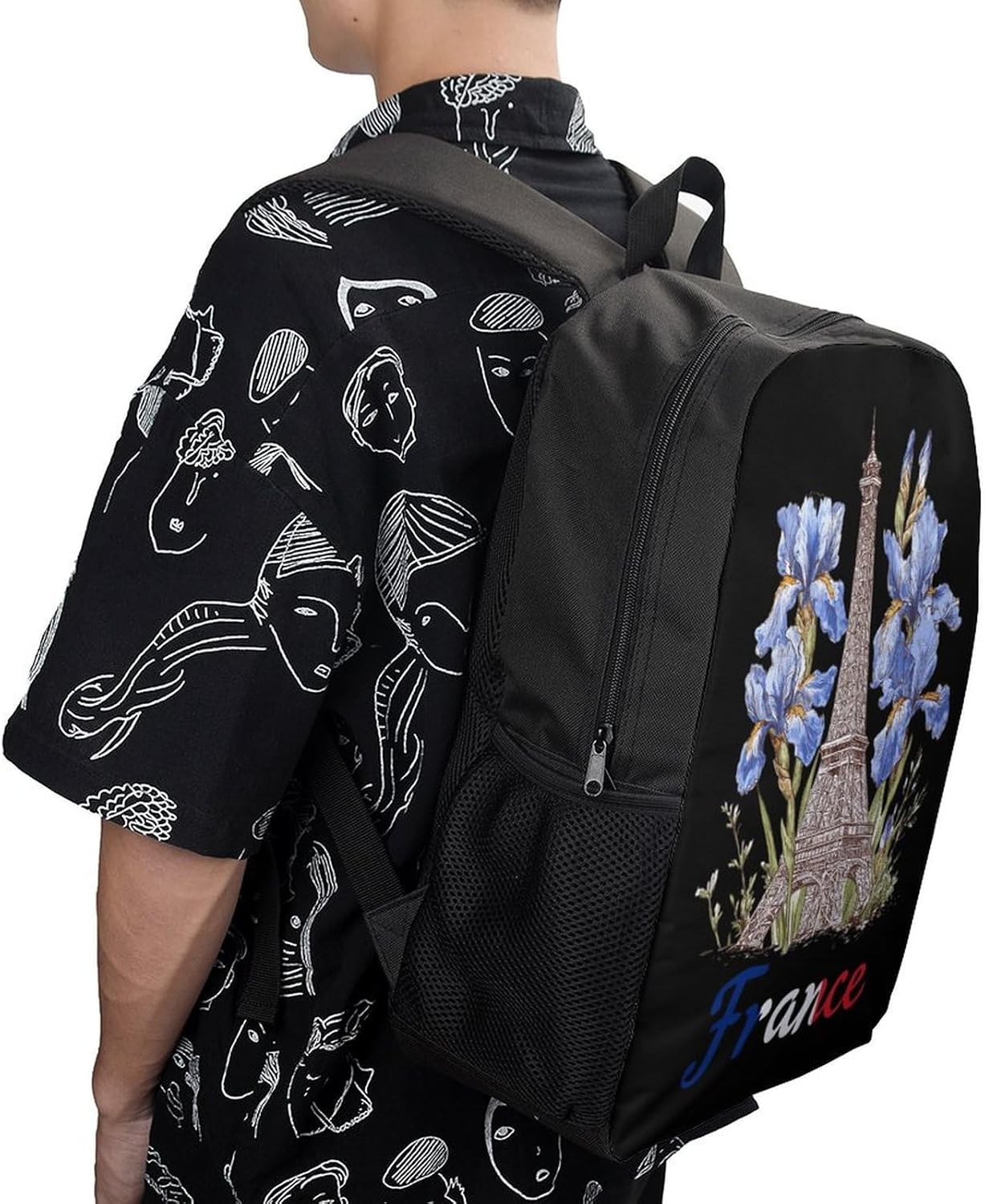 Eiffel Tower Iris Flowers France French Flag Unisex Backpack 17" Casual Daypacks Simple Shoulders Bag for Camping Hiking Travel Gear