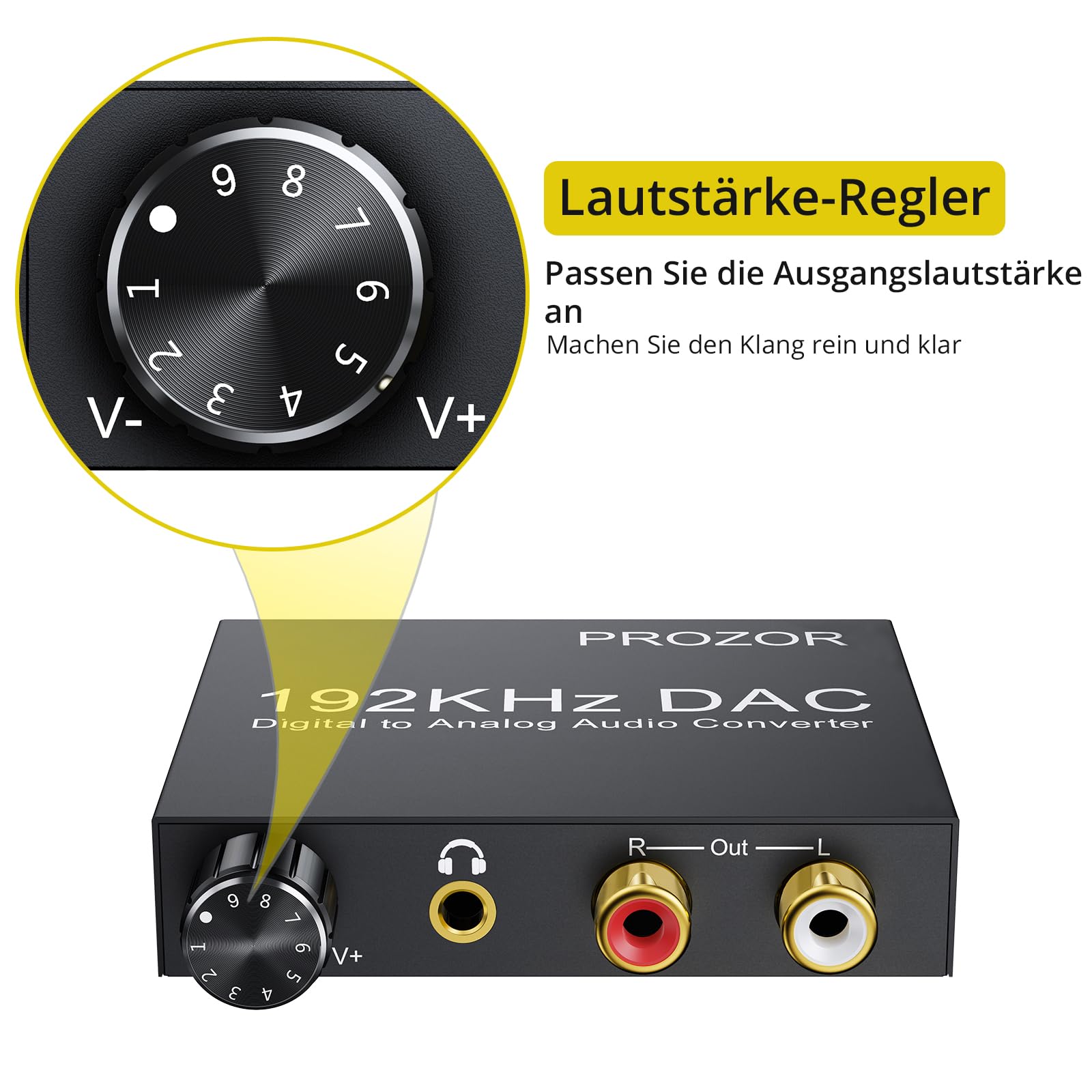 PROZOR DA Wandler 192kHz DAC Konverter Lautstärkeregler Digital SPDIF optischer Koaxial Toslink zu Analog Stereo Audio L/R RCA 3,5 mm Klinkenstecker