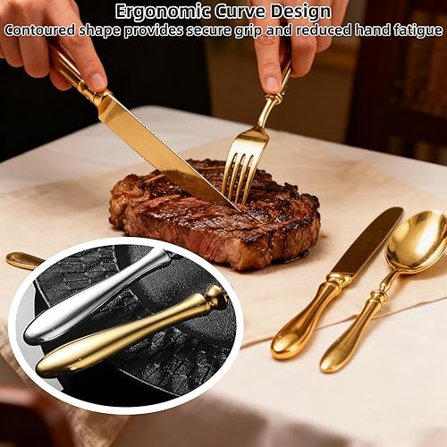 Miniatura 3 de Juego de cubiertos de 50 piezas de acero inoxidable vintage europeo para 10, mango ergonómico cómodo, pulido, apto para lavavajillas, juego de