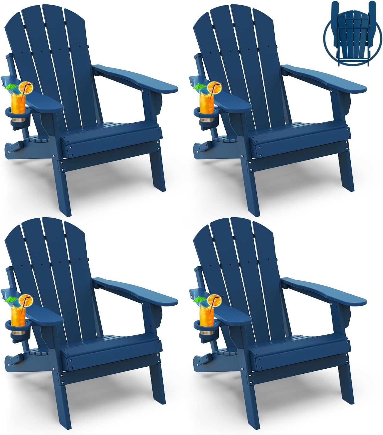 Product image of GREENVINES Folding-Adirondack-Chairs-Set-of-4 | HDPE Plastic | Fire Pit Chair | All Weather | Cup Holder | Blue | for Deck Backyard Patio Outdoor Garden