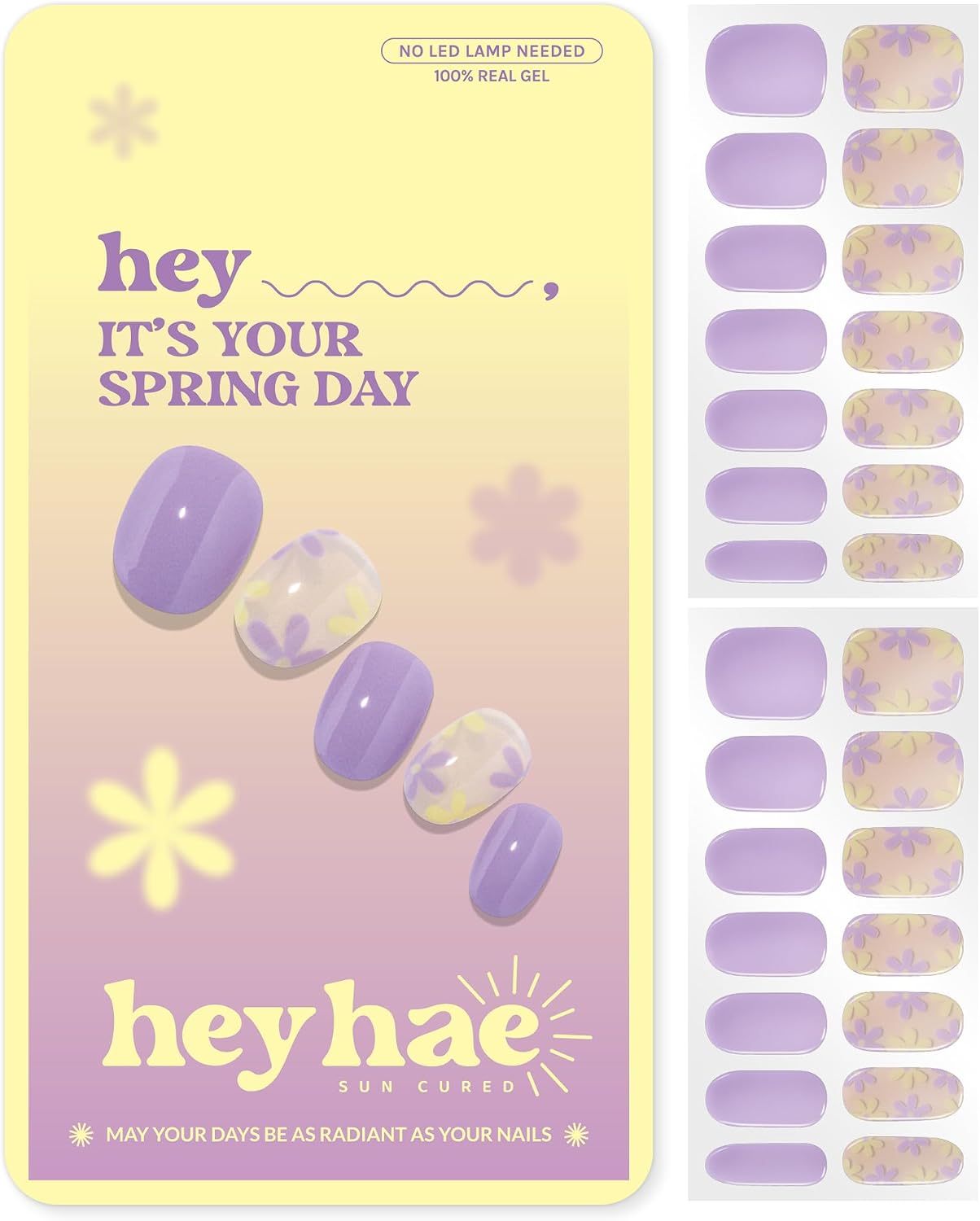 Heyhae Semi Cured Gel Nail Strips | No LED Lamp Needed | Purple, Floral | Easy Apply & Remove, Salon Quality | Includes 28 Strips, 2 Prep Pads, Nail File & Wooden Stick - Hey, It's Your Spring Day