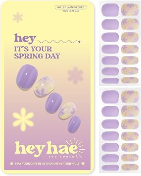 Heyhae Semi Cured Gel Nail Strips | No LED Lamp Needed | Purple, Floral | Easy Apply & Remove, Salon Quality | Includes 28 Strips, 2 Prep Pads, Nail File & Wooden Stick - Hey, Its Your Spring Day