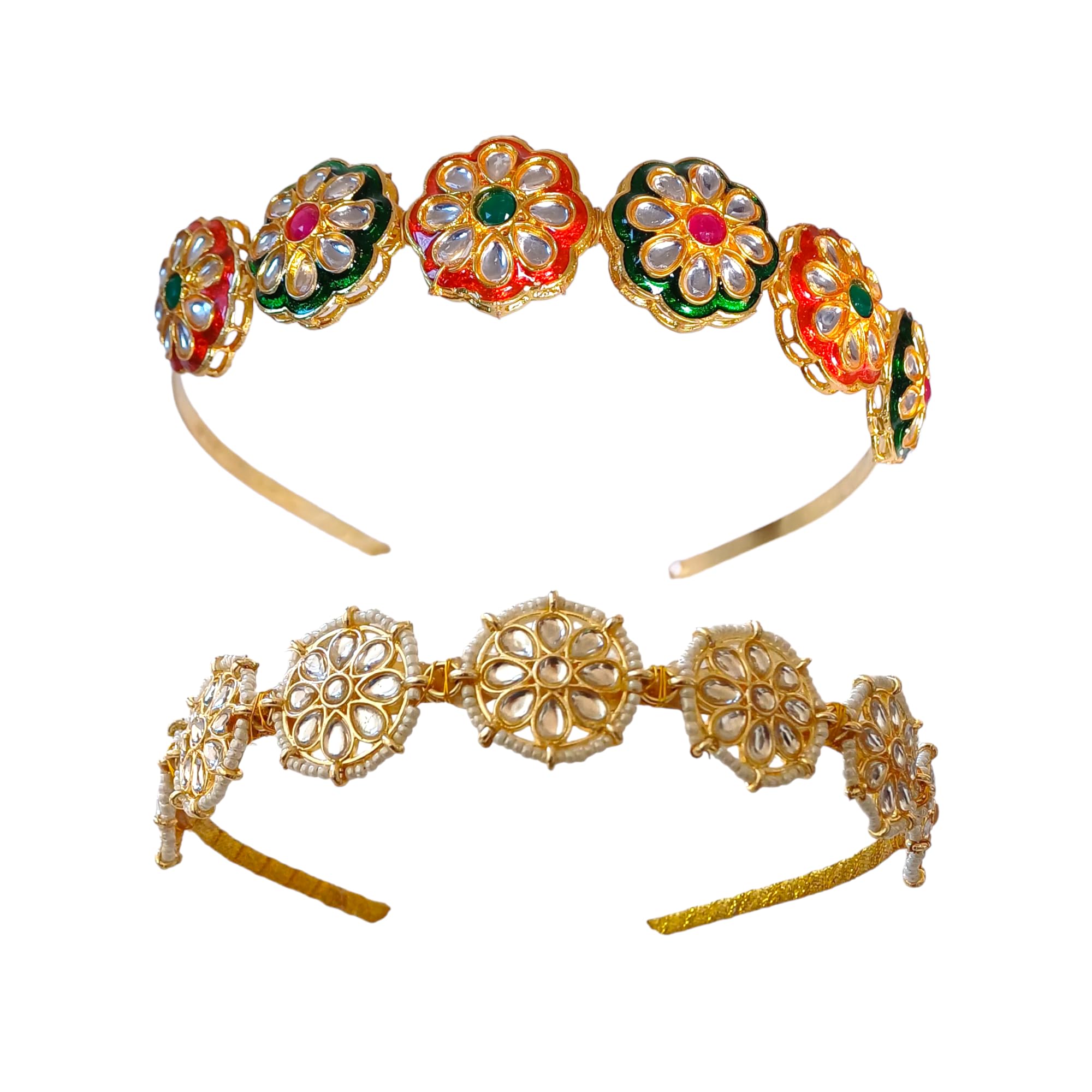 JEWILLEY Combo Of Two Golden Floral Kundan Studded Hair Band Piece Sheeshphool Tiara Ethnic Hair Accessory for Festive Season Weddings Hairband for Women and Girls (B0D1NCSQX3) Amazon Price History, Amazon Price Tracker